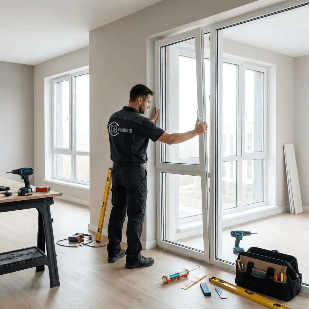 Мастер ремонтирует окно